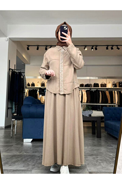 My Magazin Women's Stone Detailed Shirt Skirt Cotton Set 7502