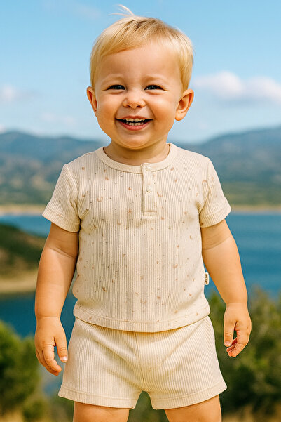 agugu Moon Star Patterned Short Sleeve Shorts Set Cream