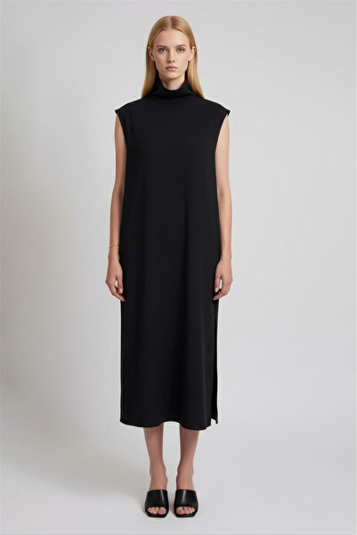 Perspective فستان ميدي أسود بياقة مربوطة