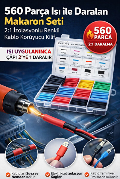 TOYFEST 560 Parça Isı ile Daralan Makaron Seti – 2:1 İzolasyonlu Renkli Kablo...