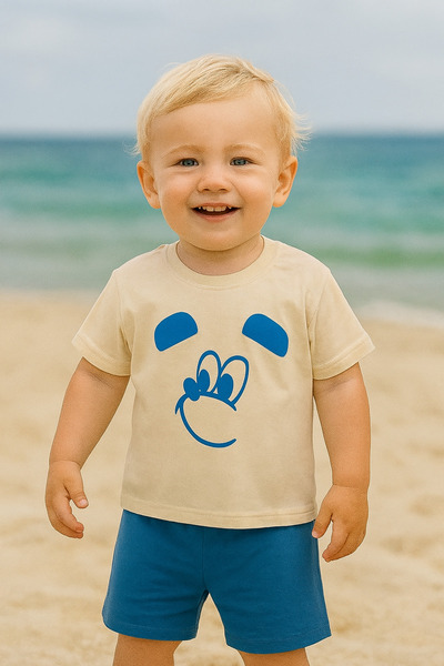 agugu بدلة صيفية للأولاد مطبوعة بوجه مبتسم باللون الأزرق