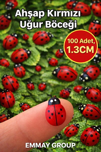 İthal Yapışkanlı Ahşap Kırmızı Uğur Böceği, 1.3cm, 100 Adet