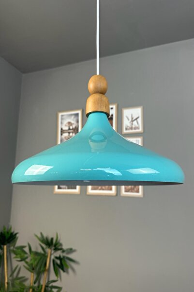 Bamyum Turkuaz Mavi Tekli Avize Kalın Ahşap Boncuk Sarkıt Salon Mutfak Pastan...