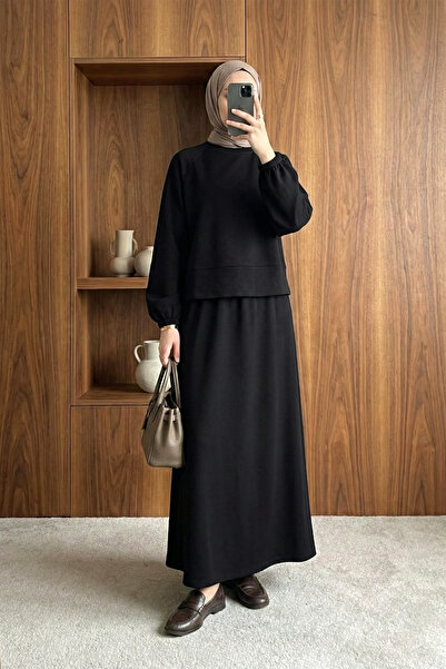 MODAQU Elastic Waist Bat Sleeve Blouse Skirt Set Black