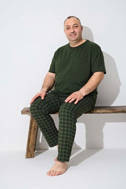 Aydoğan Men's Dinç Big Size Cotton Short Sleeve Green Pajama Set 7021
