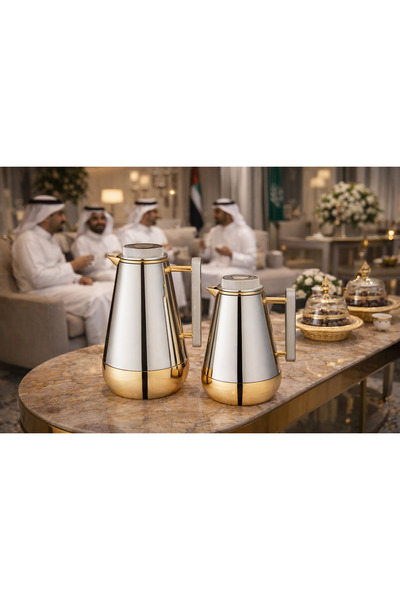 ALSAIF Al Saif Thermos Set with Silver and Gold Accents ☕✨ 1.3L and 0.75L Cap...