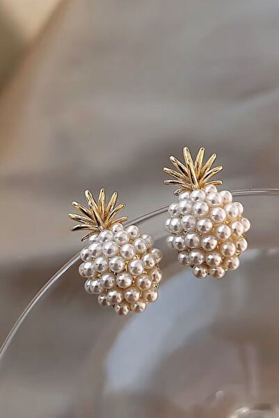 DEMOKAN Kadın Küpe 14k Gold Renk İncili Ananas Premium Minimal Kararmaz Küpe