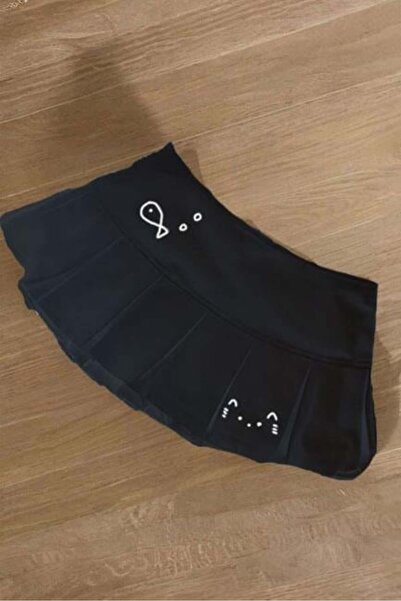 harmony factory Black Pleated Fish and Cat Printed Micro Short Skirt Women Y2...