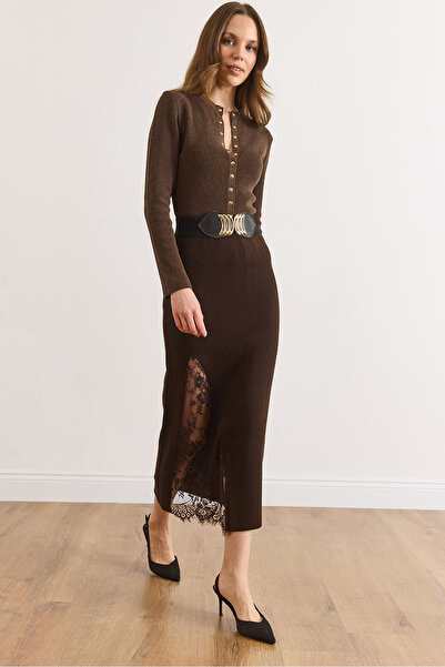 Olalook Women's Brown Elastic Waist Lace Detailed Knitwear Skirt Etk-19000401