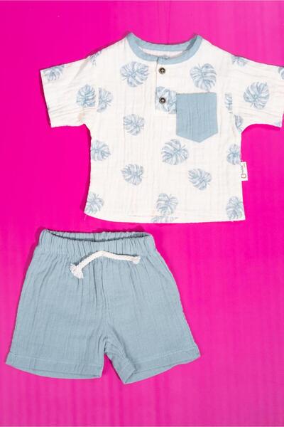 agugu Leaf Patterned Muslin Baby Boy Shorts Set Light Gray