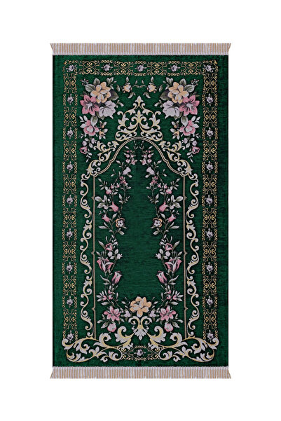 Bursa İpek Yeşil Gülbahçe Desen Kabartmalı Özel Dokuma Seccade