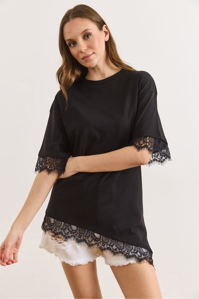 Olalook Women's Black Asymmetrical Lace Detailed Cotton Tunic T-Shirt Tsh-190...