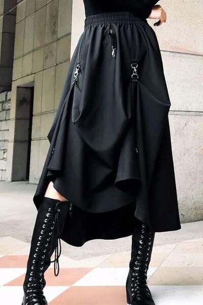 harmony factory Black Chinese Street Wear Loose Long Skirt Women's Gothic Str...