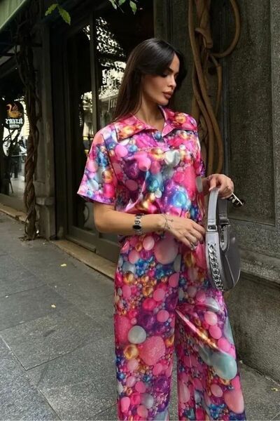 chize High Waist Wide Leg Patterned Satin Fabric Shirt and Trousers Set