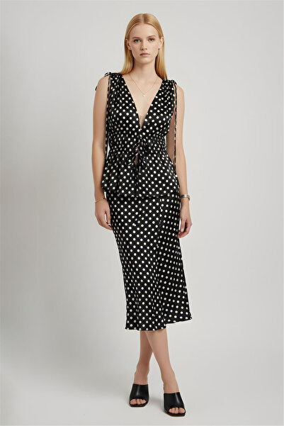 Perspective Siyah Beyaz Puantiyeli Yüksek Bel Midi Etek