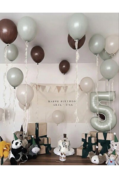 Çemrek Süs Parti Beige Brown Light Mint Balloon and Number Balloon Set 21 Pieces