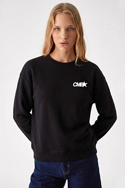 COMBİNE MİCHAİL Women's Cmb Text Printed Black Loose Sweatshirt