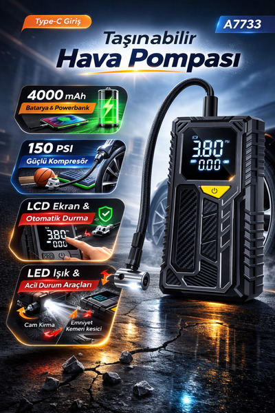 MO DOU Taşınabilir Hava Pompası 150 PSI Kablosuz Kompresör 4000 mAh Powerbank...