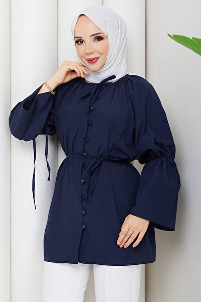 HİFADEN Women's Tie-Up Balloon Sleeve Buttoned Hijab Shirt