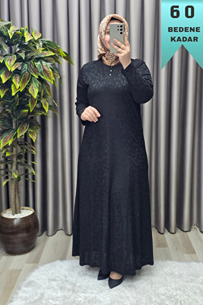 Elmas Tesettür Kadın Giyim Büyük Beden Jakarlı Yaka Modelli Elbise