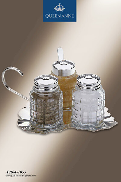 QUEEN ANNE British Silver 3-Piece Glass Spice Set with Bottom Plate 14 cm Pr0...