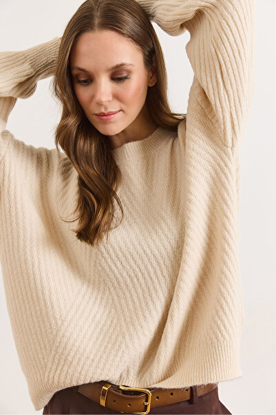 Olalook Women's Stone Crew Neck Geometric Patterned Knitwear Sweater Kzk-1900...