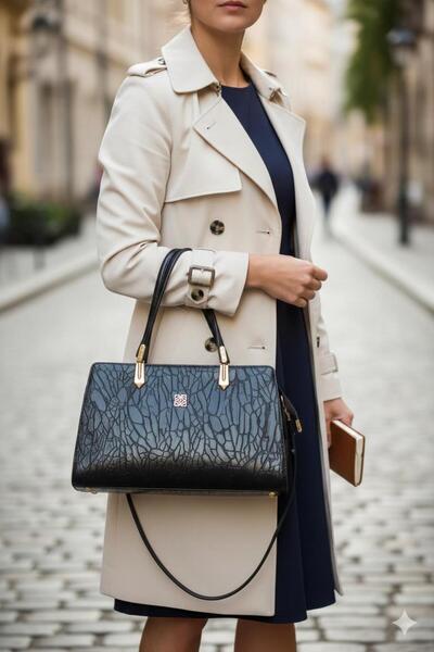 Shoemix Genuine Black Crocodile Patterned Luxury Women's Shoulder and Hand Ba...