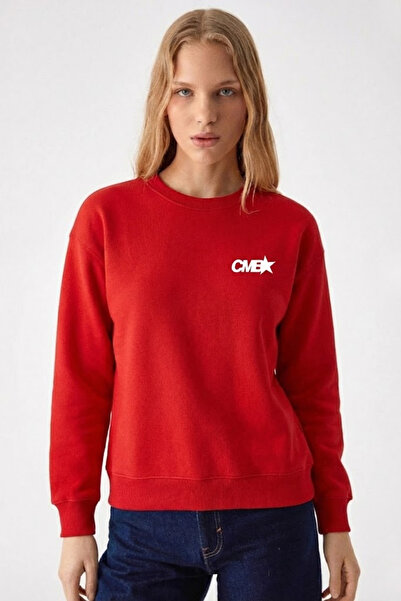 COMBİNE MİCHAİL Women's Cmb Text Print Red Loose Sweatshirt