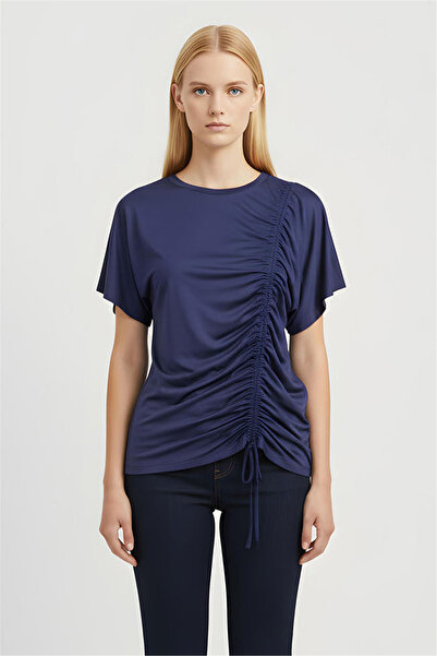 Perspective Navy Blue Round Neck Adjustable Drawstring T-Shirt