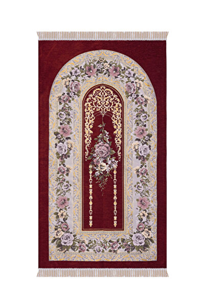 Bursa İpek Bordo Mihrap Desen Kabartmalı Özel Dokuma Seccade