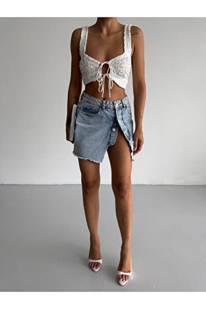 Ferte Kadın Mini Kot Etek Düğme Detaylı Yırtmaçlı Denim Etek