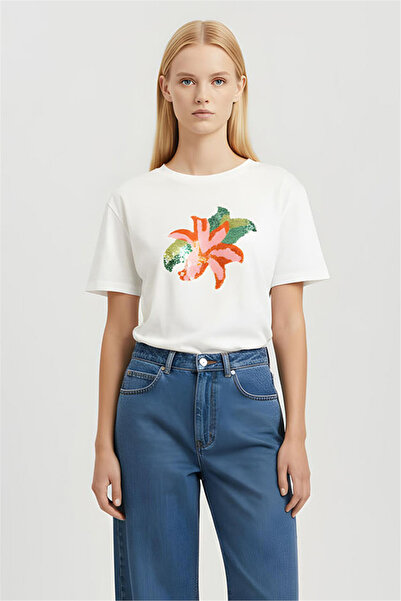 Perspective Ecru Sequin Embroidered T-Shirt with Back Detail