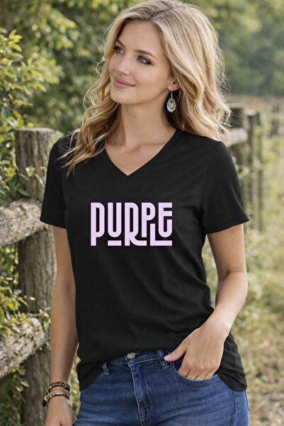 LORVEX Women's T-Shirt V-Neck Comfortable Fit Purple Printed T-Shirt