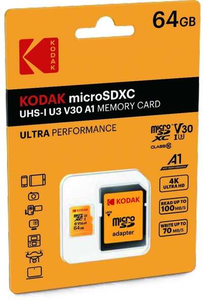 Kodak 64Gb Uhs-I U3/V30/A1 Yellow Micro Sd + Adapter