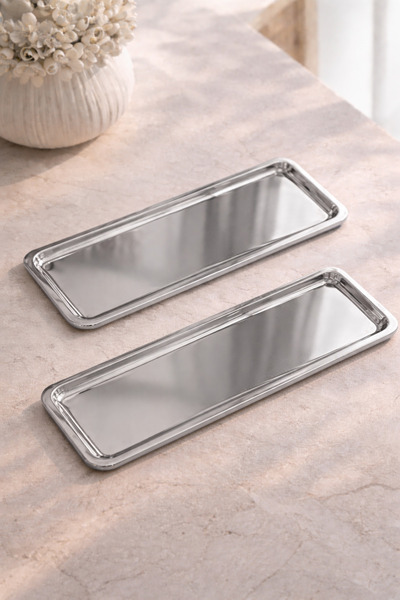 DİVAYS 2 Pcs Stainless Steel Rectangular Presentation Tray Silver Coffee Serv...