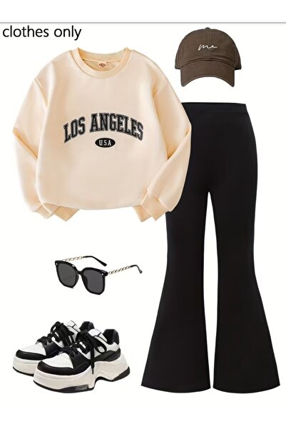 Daxia Girls' Black Ribbed Knitted Fabric Spanish Flare Beige Color Crewneck T...