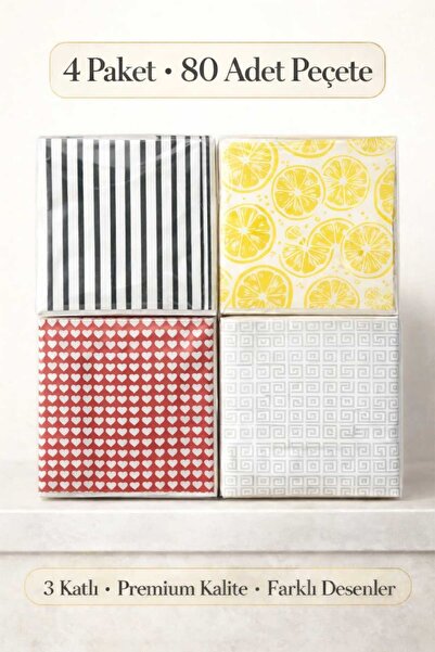 CKM silikon 4 Paket 80 Adet Desenli Sofra Peçetesi 3 Katlı Premium Kalite Kar...