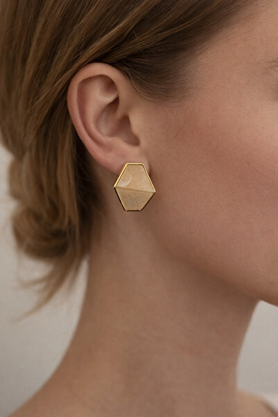 Noi jewelry Geometrik Altın Çerçeveli Nude Taş Küpe – Minimal Statement Tasarım