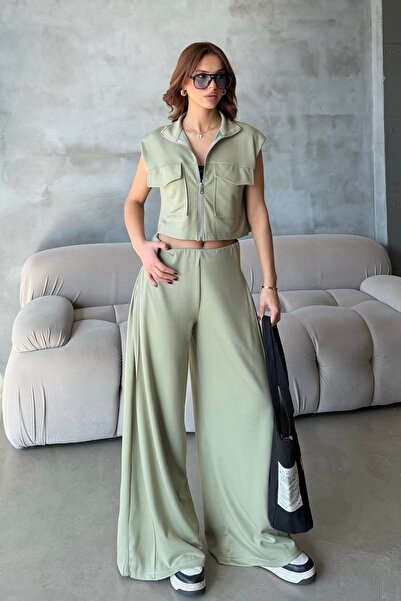 BEJNA Women's Soft Modal Textured Vest Wide Leg Pants Bottom Top Sports Set