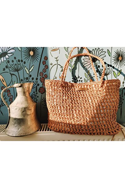 ByTUNCA El Örgüsü Kiremit Renginde Rafya İp Omuz Çantası –Günlük, Plaj ve Alı...