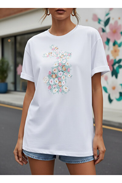 ship master Women's Floral Rabbit Printed 100% Cotton Oversize White T-Shirt