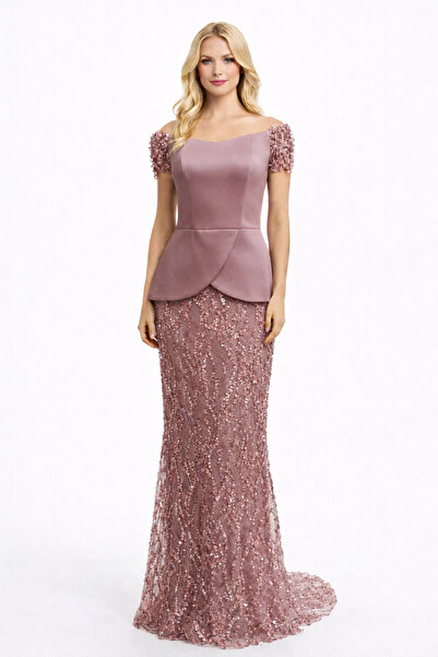 Hüseyin Baştürk Işıltı Dantel Detaylı Balık Abiye Elbise