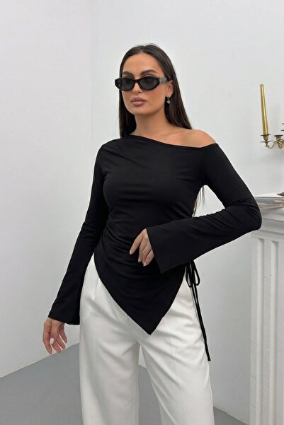 spirituel Women's Blouse One Shoulder Open Asymmetrical Side Gathered Long Sl...