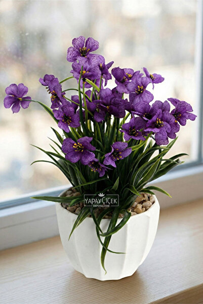 Yapay Çiçek Deposu Beyaz Saksıda Safir Damarlı Tanzim 27 cm Mor