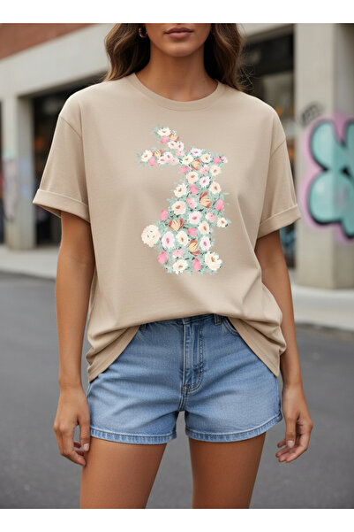 ship master Women's Floral Rabbit Printed 100% Cotton Oversize Beige T-Shirt