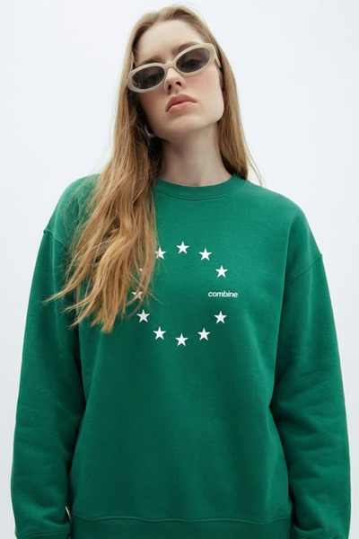 COMBİNE MİCHAİL Women's Star Europe Printed Green Sweatshirt