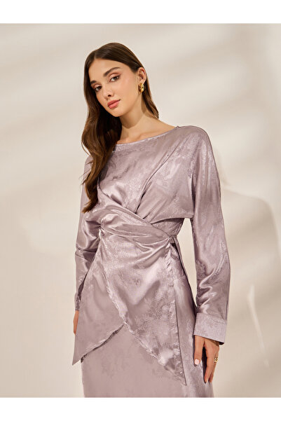 Styli Women Jacquard Satin Wrap Top with Tie-Waist