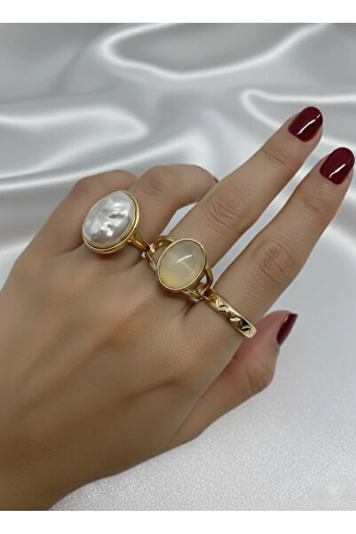 Dorvina Brass Anti-Tarnish Jewelry Gold Color White Cream Beaded 3 Piece Ring...