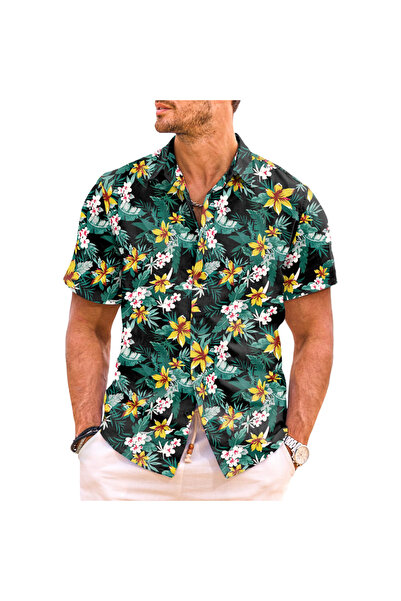 Other Men's Hawaiian Shirt - Tropical Print, Polyester and Elastane - Green, ...