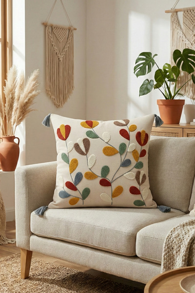 cottoncloth غطاء وسادة مزخرف بتطريز زهور بوهيمية مقاس 42x42 سم من القطن والكت...